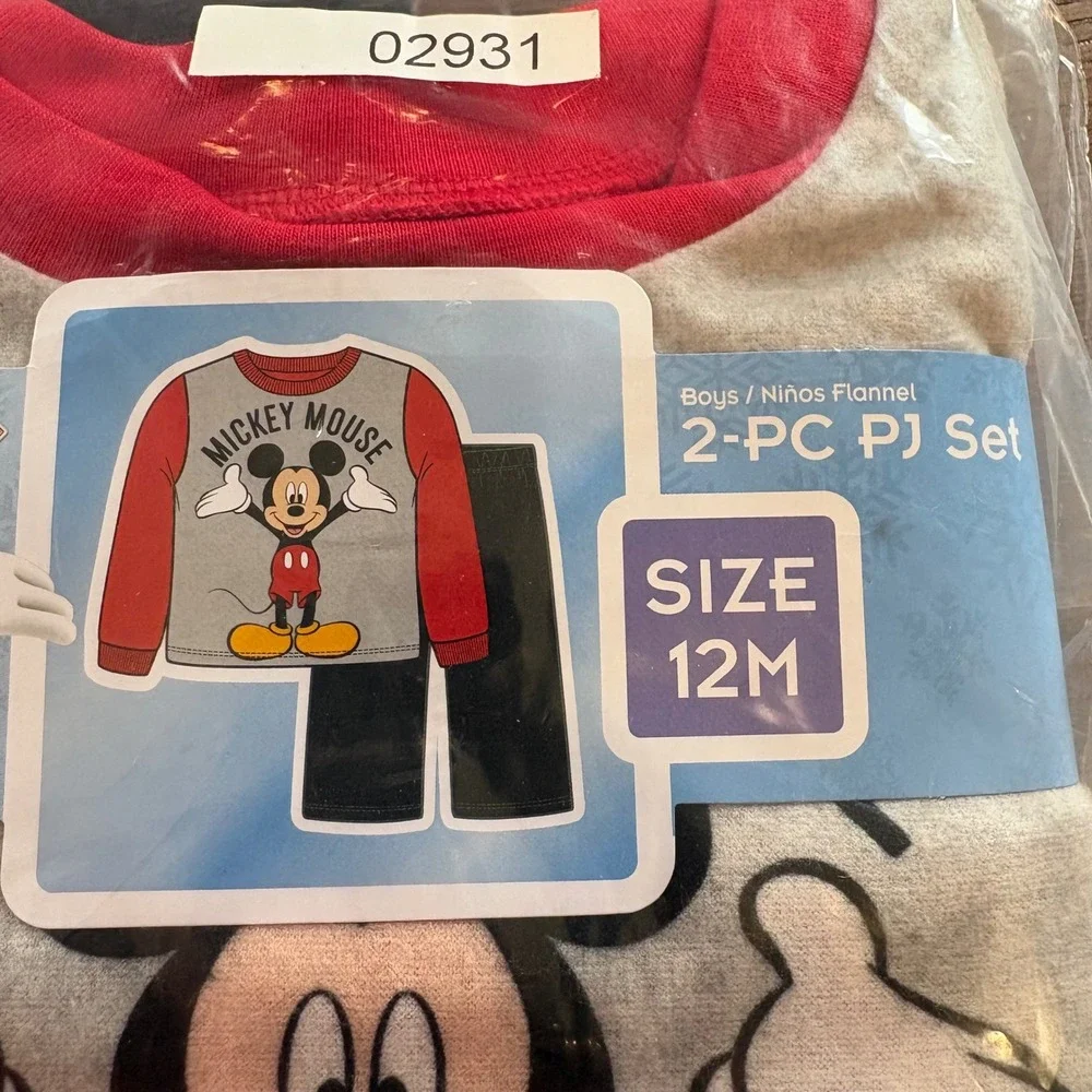 Disney Mickey Mouse‎ Pajama Set Boys 12M Red Gray NEW 2-Piece Flannel Sleepwear